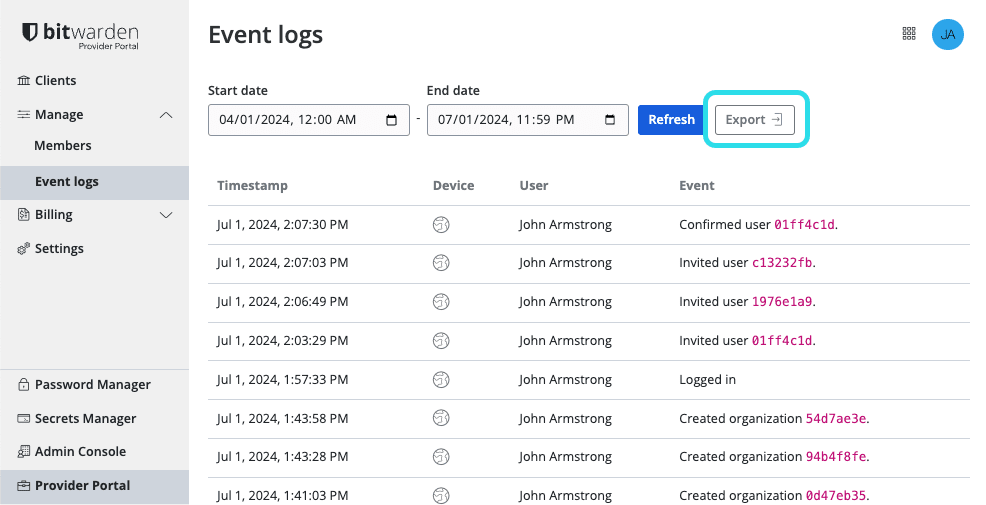 Export Provider event logs 