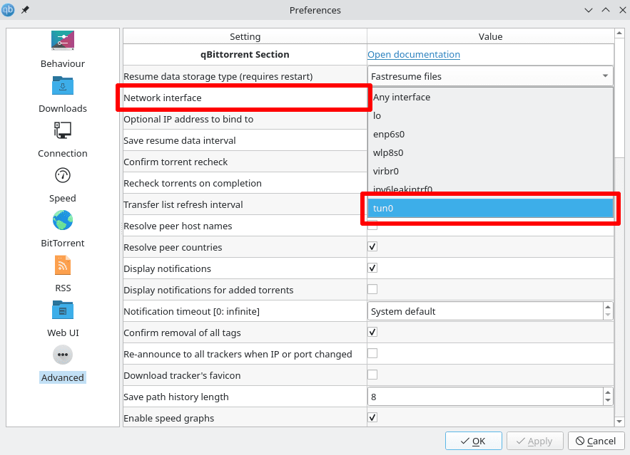 Select the tun0 interface