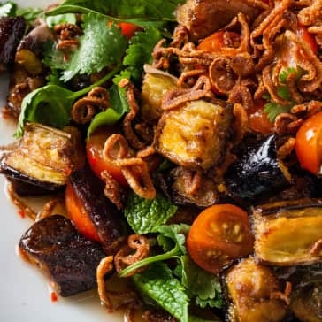 Crispy Eggplant Salad with Tomatoes, Herbs, and Fried Shallots