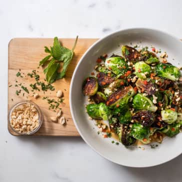 Skillet-Roasted Brussels Sprouts with Chile, Peanuts, and Mint