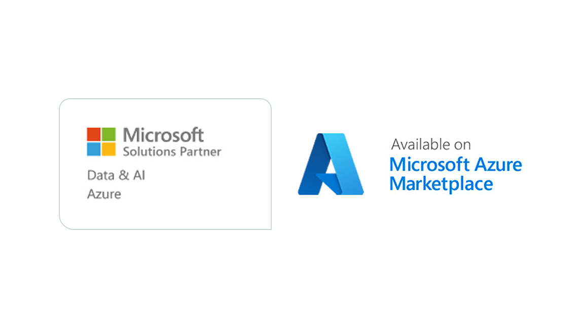 Links ist das Microsoft-Solutions-Partner-Badge für Data & AI und Azure abgebildet. Rechts daneben befindet sich das Azure-Solution-Partner-Badge mit dem Schriftzug „Available on Microsoft Azure Marketplace“ und dem Azure-Logo.