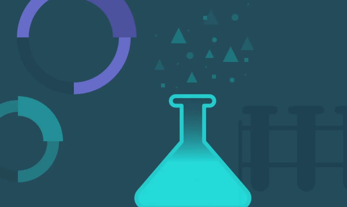 Illustration eines glühenden Chemiekolbens mit geometrischen Formen und Diagrammen im Hintergrund zur Darstellung eines wissenschaftlich-analytischen Themas.