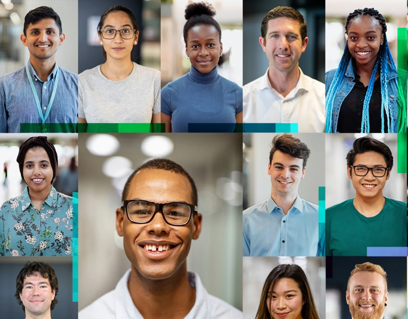 A collage of 12 diverse individuals smiling, each appearing in a separate frame with different backgrounds.