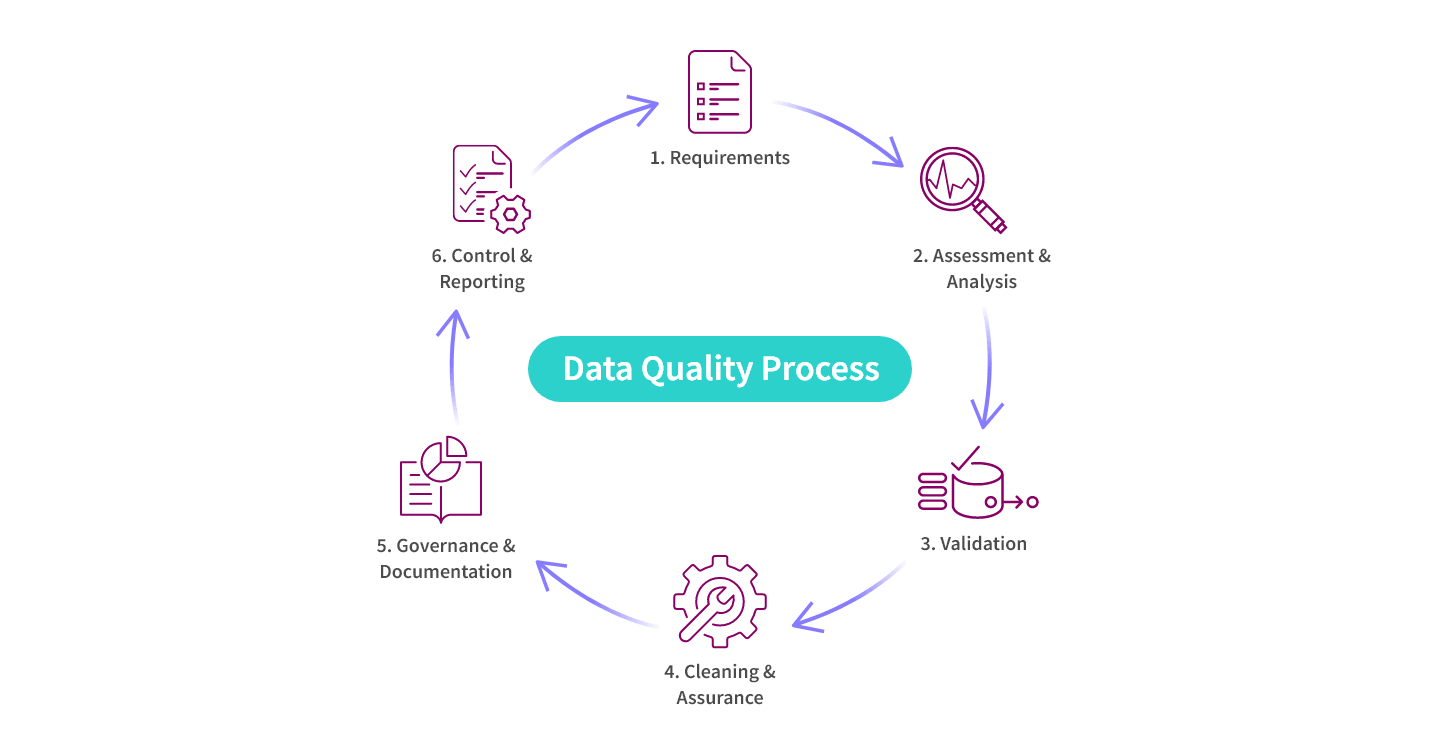 Circular infographic illustrating a data quality process with six steps: Requirements, Assessment & Analysis, Validation, Cleaning & Assurance, Governance & Documentation, and Control & Reporting.