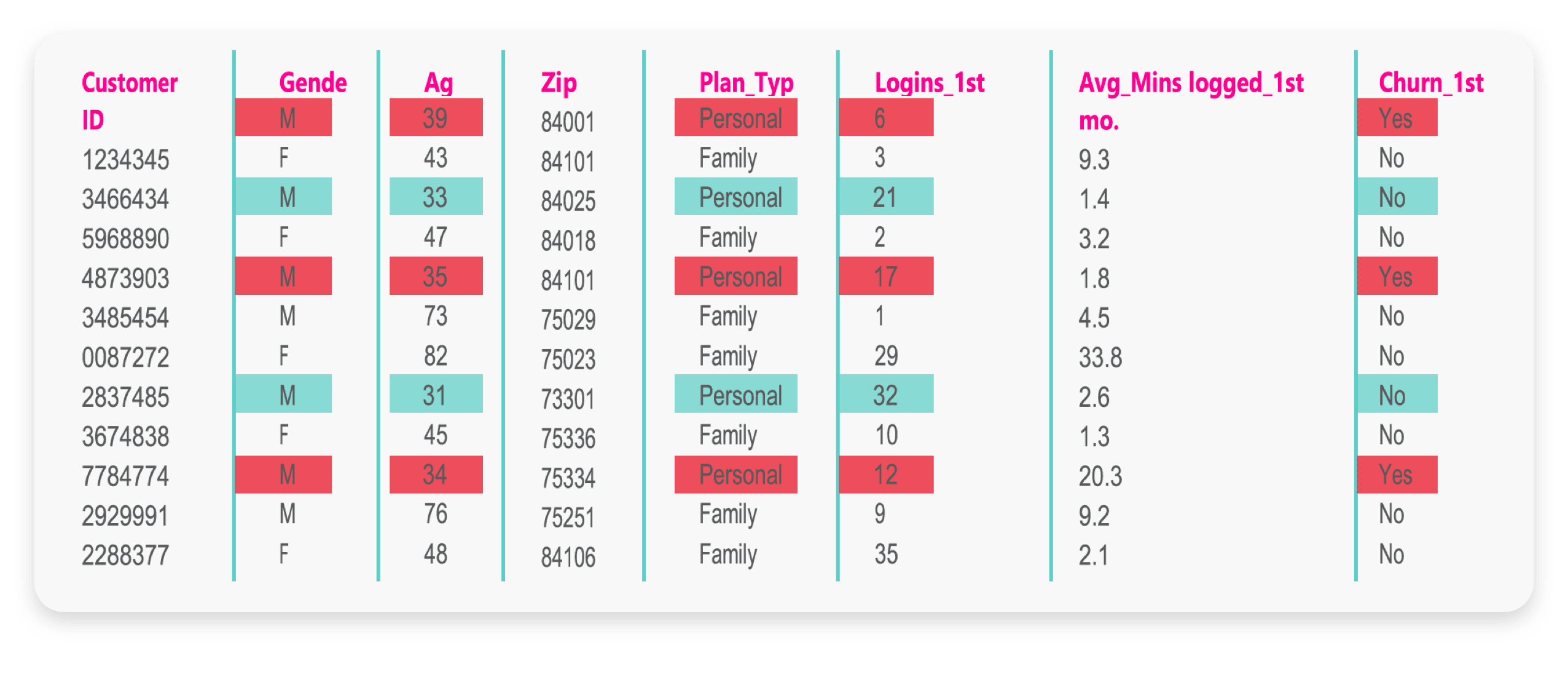 A table displays customer data, including customer ID, gender, age, zip code, plan type, logins in the first month, average minutes logged in the first month, and churn status.