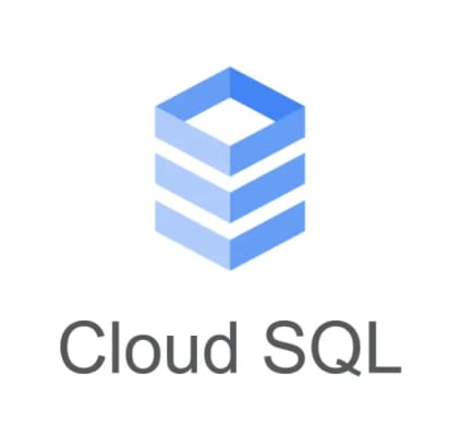 Cloud SQL-Logo: ein blaues würfelförmiges Design mit drei horizontalen Abschnitten über dem Schriftzug „Cloud SQL“.