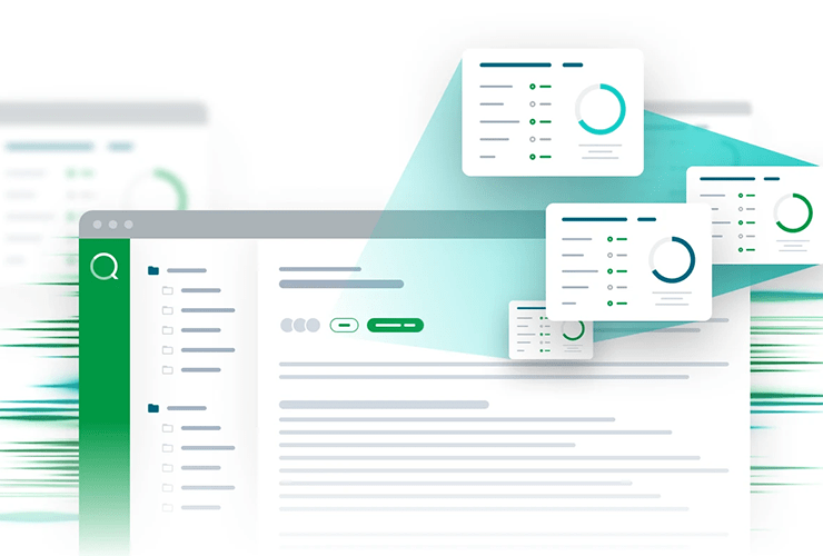 Illustration of an online dashboard with user interface elements including a sidebar menu, a main content area, and popup windows displaying charts and tables.