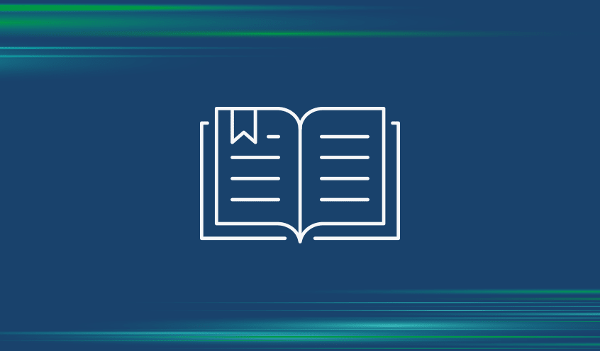 Simple, illustrated icon in white of an open book with a bookmark, against a dark blue background with green horizontal contrail streaks.