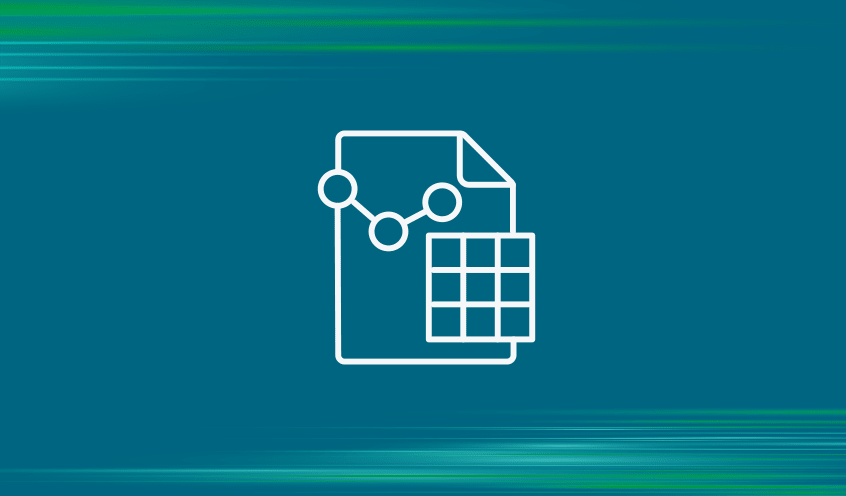 Icon of a document with a line graph and a table, represented in white on a blue-green background with green contrails.