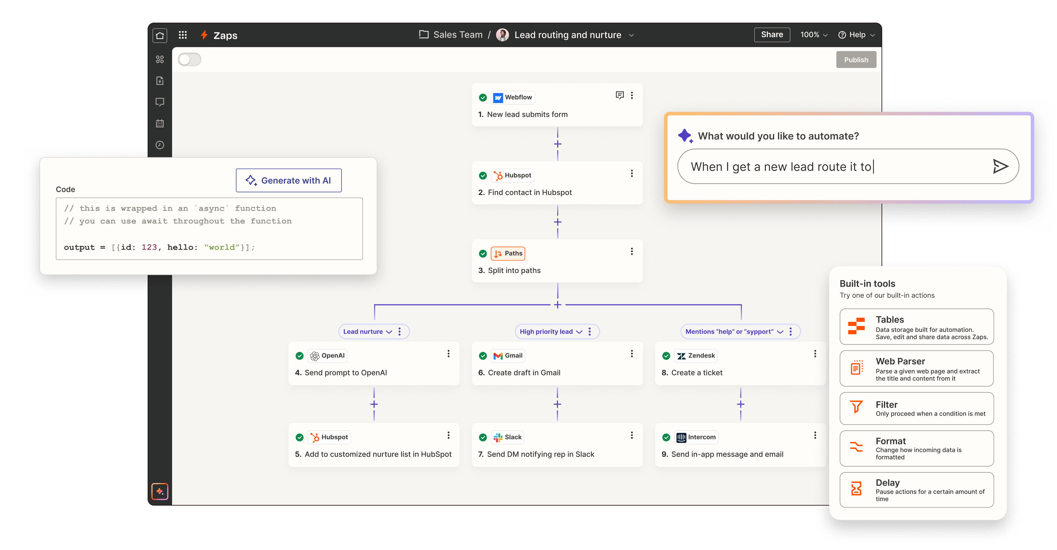 An interface of multi-step path workflow featuring Co-pilot, Built-in tools, and code step.