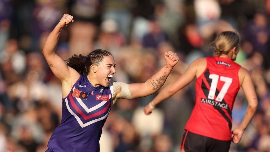 Orlagh Lally celebrates a goal during the Elimination Final between Fremantle and Essendon at Fremantle Oval on November 9, 2024. Picture: AFL Photos