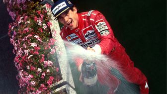 Ayrton Senna celebrates F1 win