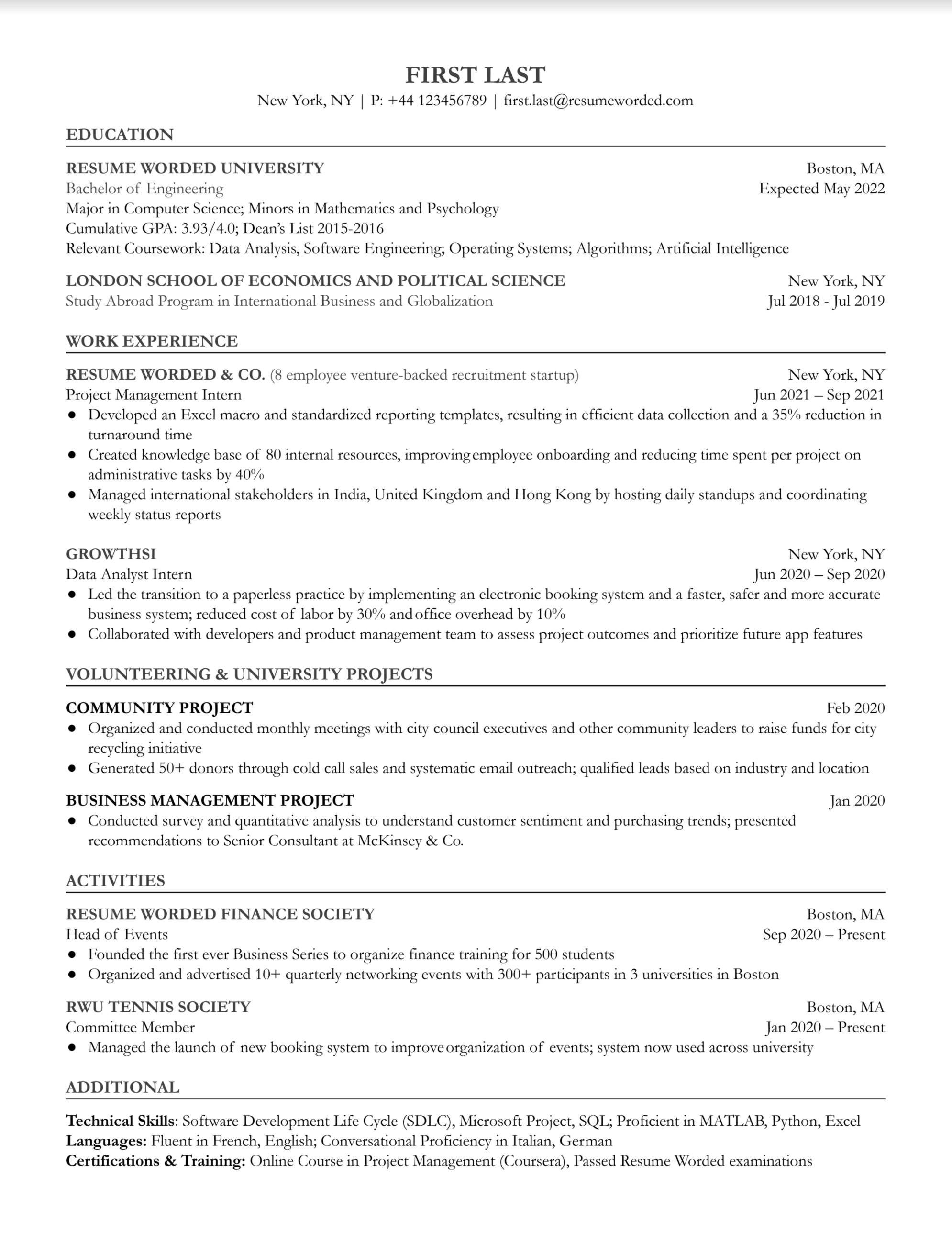 An entry level program manager resume template with a strong focus on education, academic activities, and volunteering that showcase relevancy to the position.