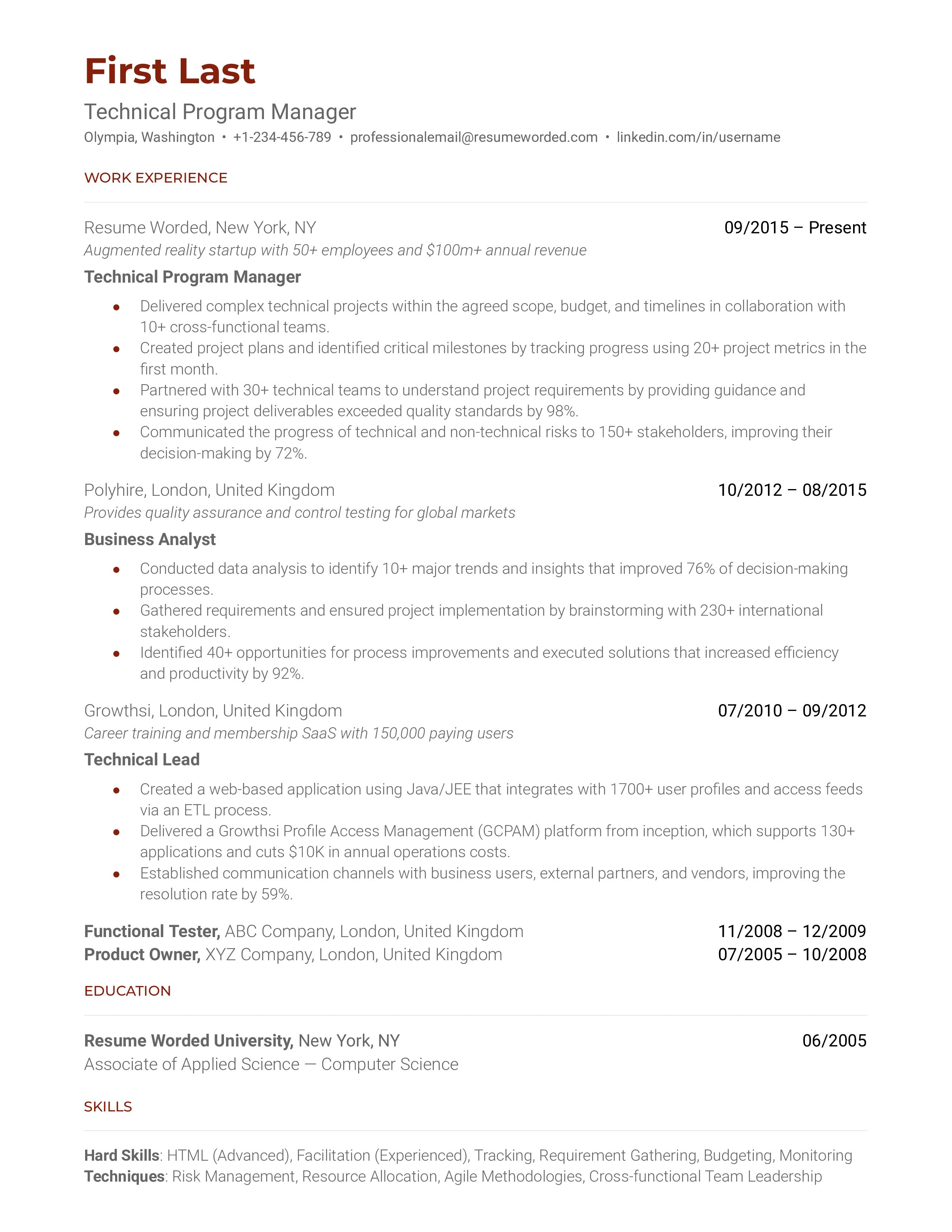 Technical Program Manager resume example