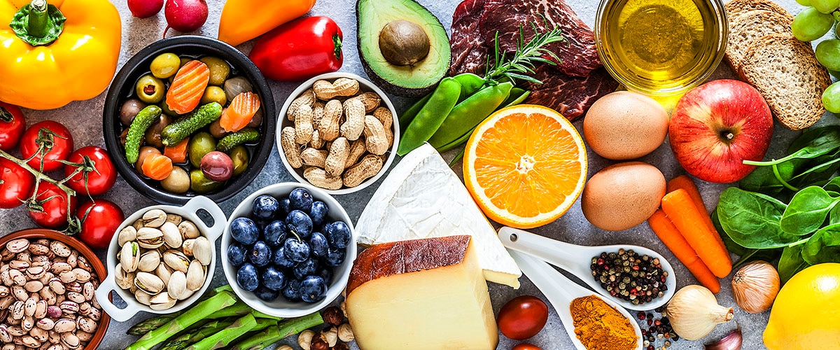 Display of assorted fruits, vegetables and cheeses