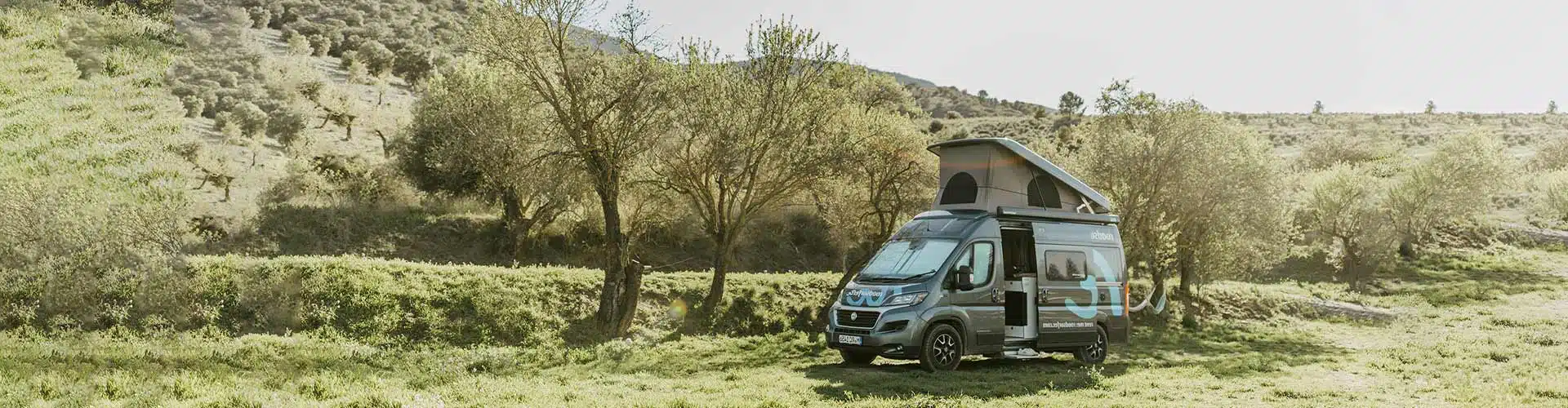 Road House RV sprinter van camper from roadsurfer standing in a grassy green field next to trees with tree covered hills in the background