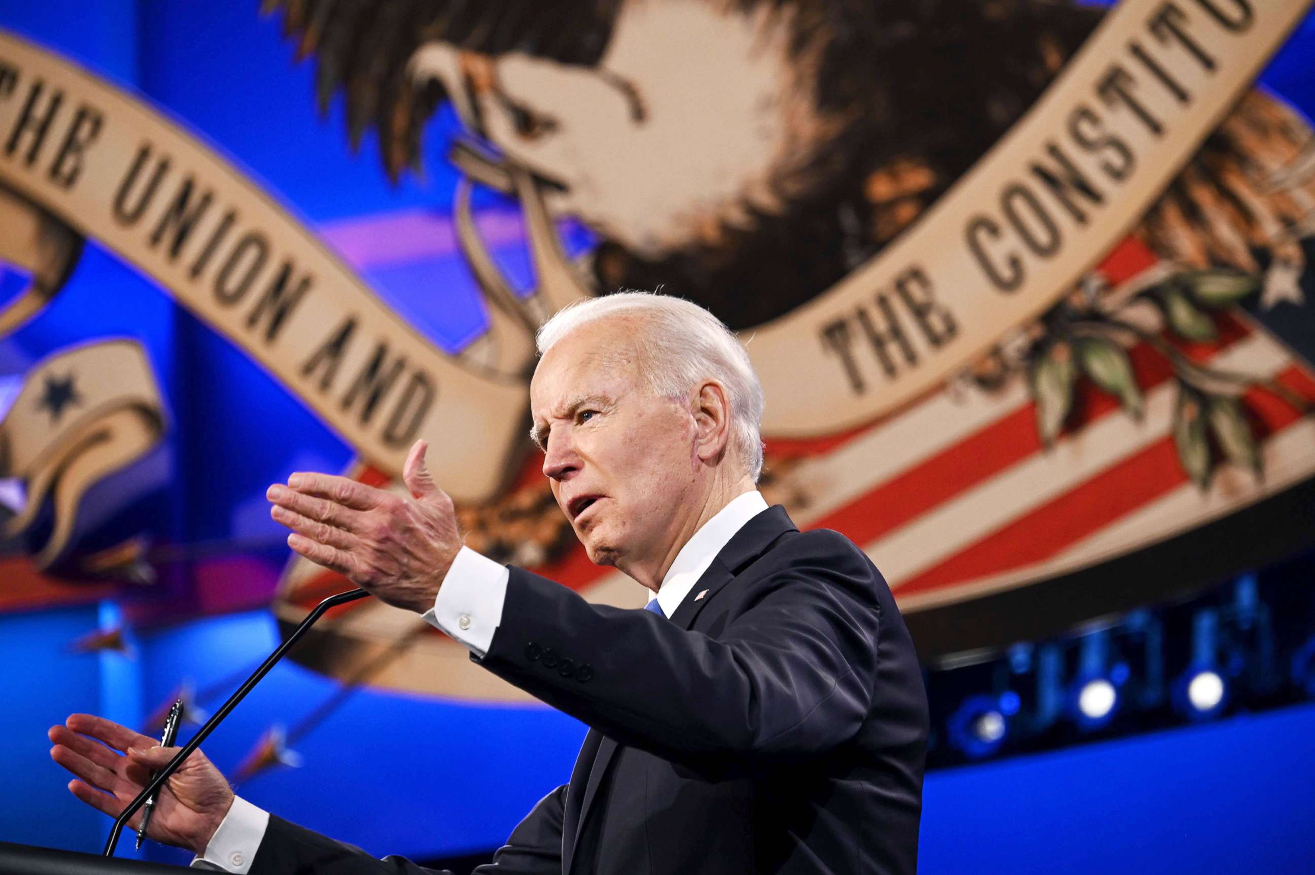 PHOTO: Democratic Presidential candidate and former US Vice President Joe Biden gestures as he speaks during the final presidential debate at Belmont University in Nashville, Tenn., Oct, 22, 2020.