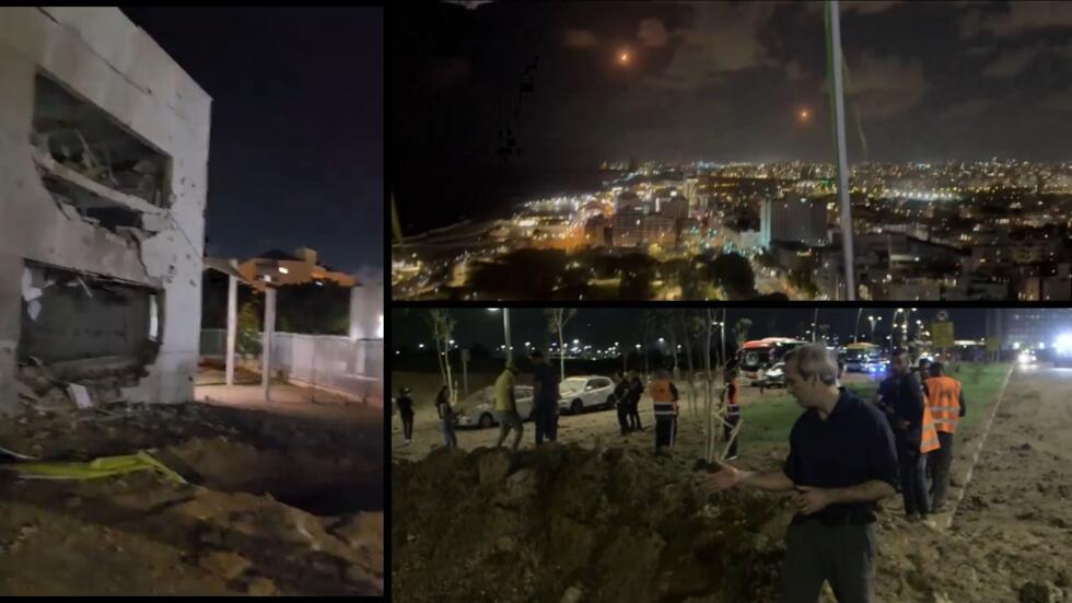 Images des dégâts et frappes en Israël diffusées sur la plateforme X. A gauche, une école proche de la base militaire de Tel Nof a été touchée. L'image en haut à droite montre des missiles dans le ciel de Tel Aviv. L'image en bas à droite montre un cratère à quelques pas du QG du Mossad, dans le nord de Tel Aviv.