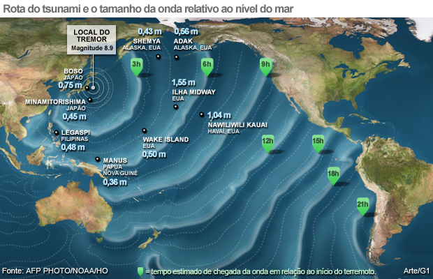 Imagem mostra a rota dos locais já atingidos pelo tsunami nesta sexta-feira (11)   (Foto: Arte/G1)