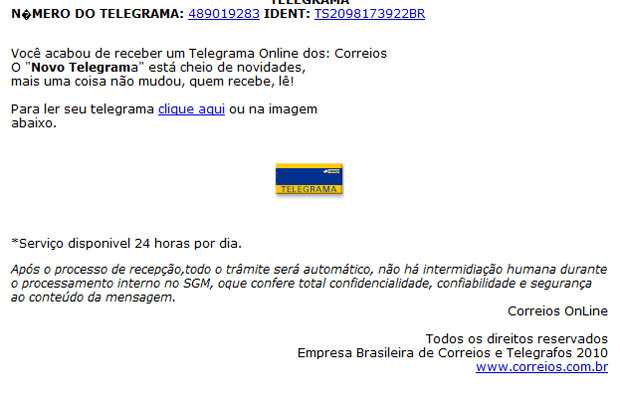 Mensagem diz que usuário recebeu um telegrama dos correios.