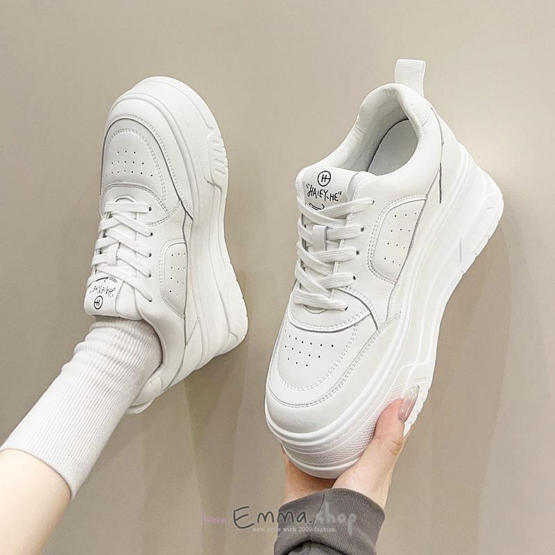 EmmaShop艾購物-韓國同步上新-小個子女生最愛-真皮厚底基本款小白鞋/6.5公分增高鞋底