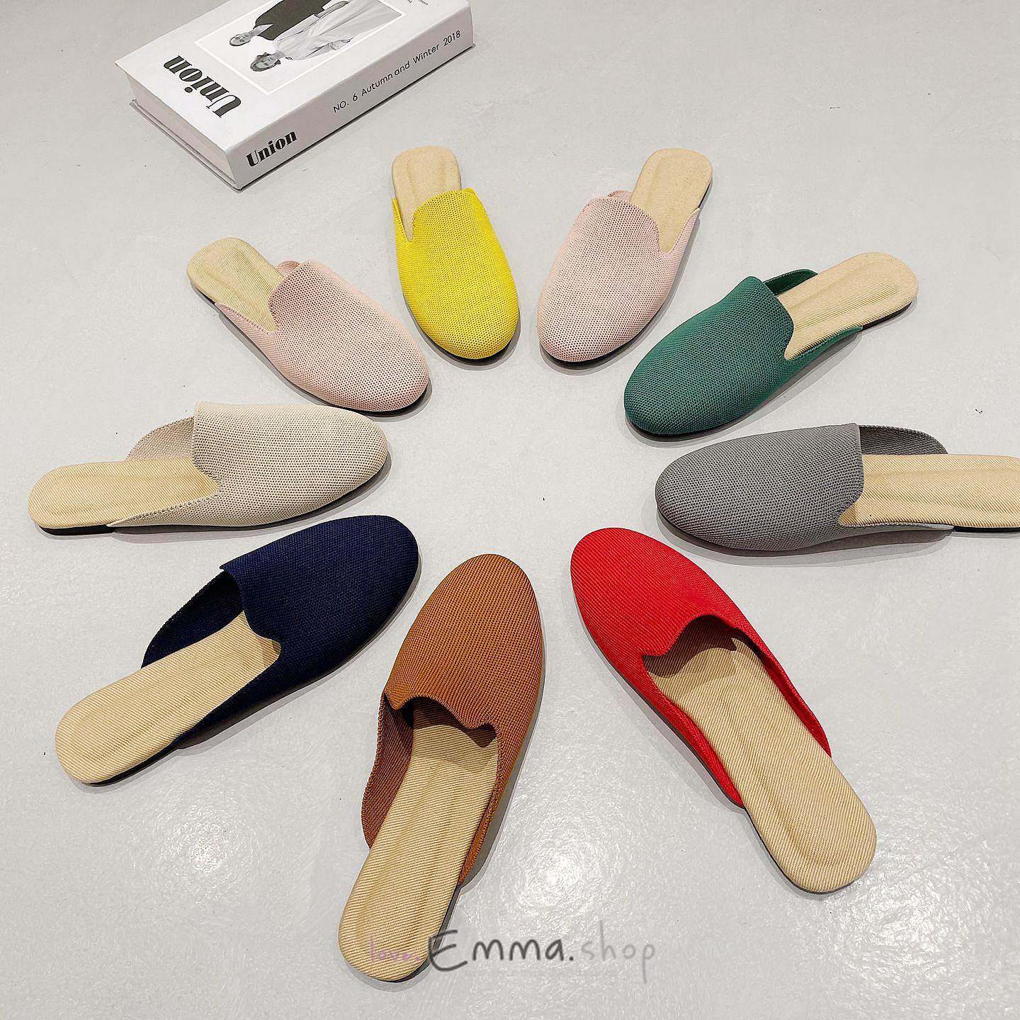 EmmaShop艾購物-韓國同步上新-簡約款針織包頭平底半涼拖/最大到43號