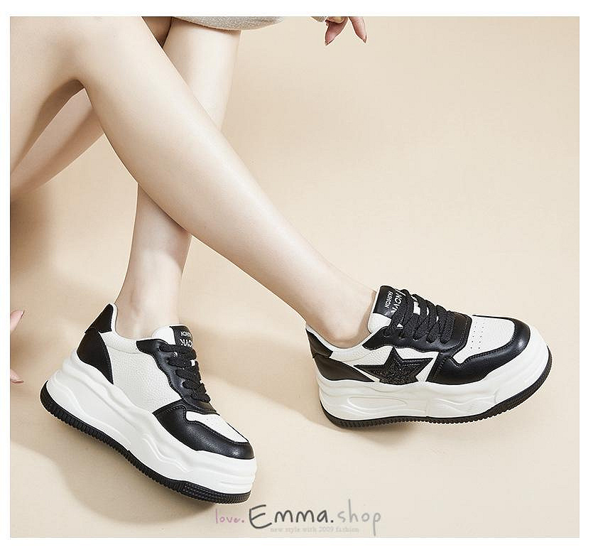 EmmaShop艾購物-韓國同步上新-小個子女生最愛-撞色閃亮星星真皮厚底內增高小白鞋/休閒鞋
