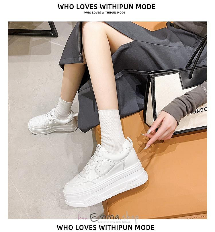 EmmaShop艾購物-韓國同步上新-小個子女生最愛-真皮厚底基本款小白鞋/6.5公分增高鞋底