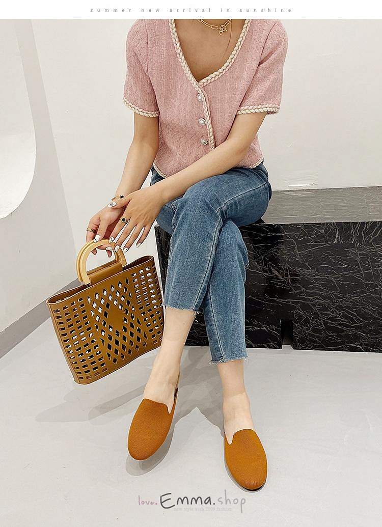 EmmaShop艾購物-韓國同步上新-簡約款針織包頭平底半涼拖/最大到43號