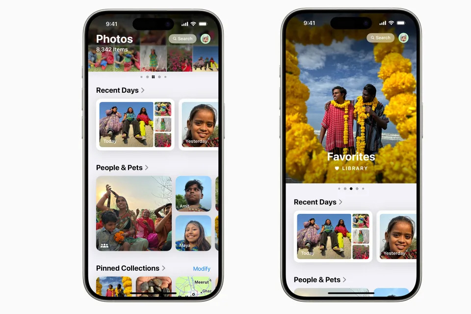 A composite graphic showing two screenshots of the redesigned Photos app for iOS 18. On the left are three rows of collections below the library grid, saying 