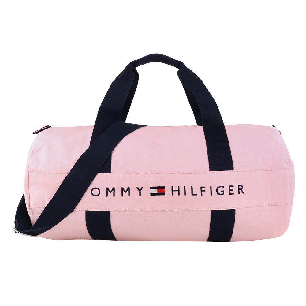 TOMMY HILFIGER- 字母標誌槓條棉質兩用大旅行袋(嫩粉色)