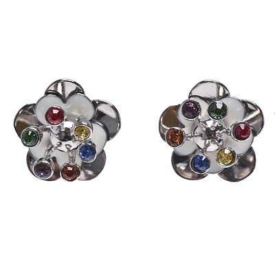 MIUMIU 彩色水鑽鑲飾花朵造型穿式耳環(銀色)