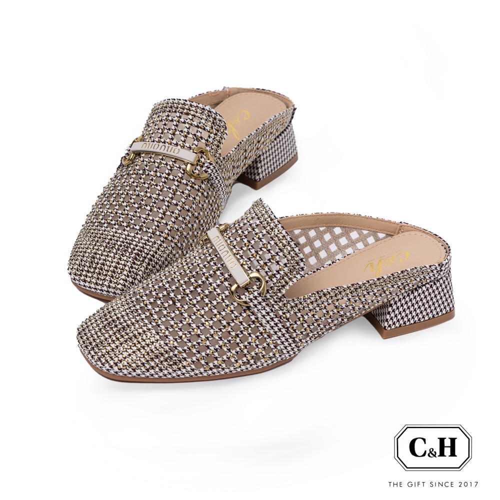C&H 魅力時尚格紋燙鑽氣質穆勒拖鞋-時尚杏