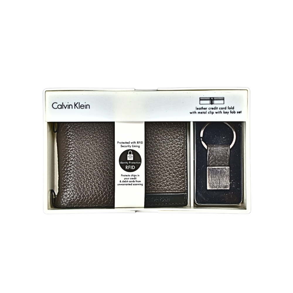 Calvin Klein咖啡全皮內裡撞色皮夾鑰匙圈禮盒組 (展示品)