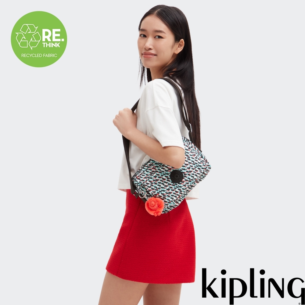 Kipling 黑綠抽象印花多層隨身斜背包-ABANU M