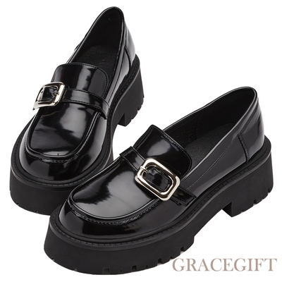 【Grace Gift】時髦方扣厚底中跟樂福鞋 黑