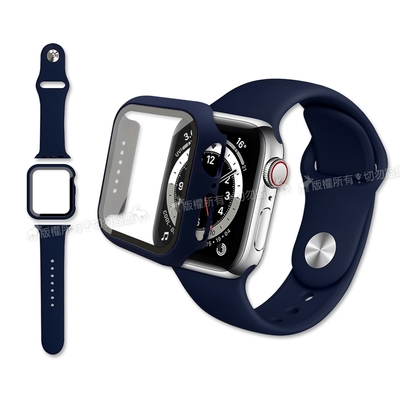 全包覆 Apple Watch Series SE/6/5/4 (40mm) 9H鋼化玻璃貼+錶殼+環保矽膠錶帶(午夜藍)