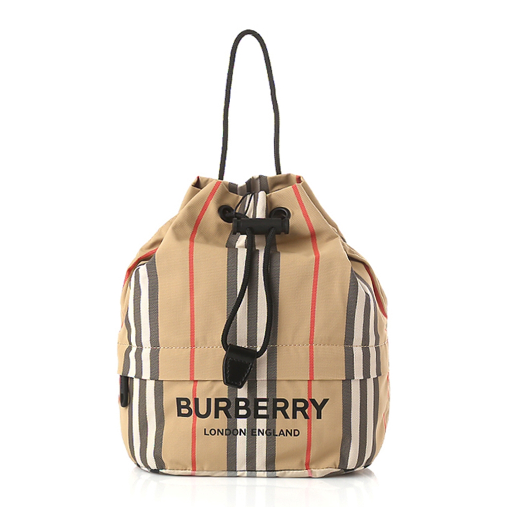 BURBERRY 巴寶莉 80267371 經典格紋PHOEBE POUCH系列尼龍束繩手提肩背小水桶包(卡其色)