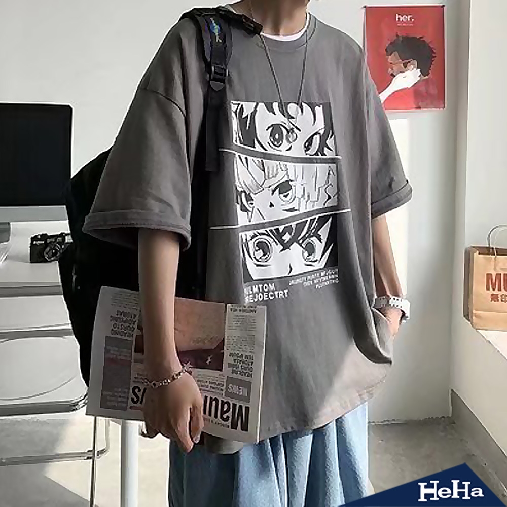 【HeHa】卡通印花短袖上衣 三色 (深灰色)