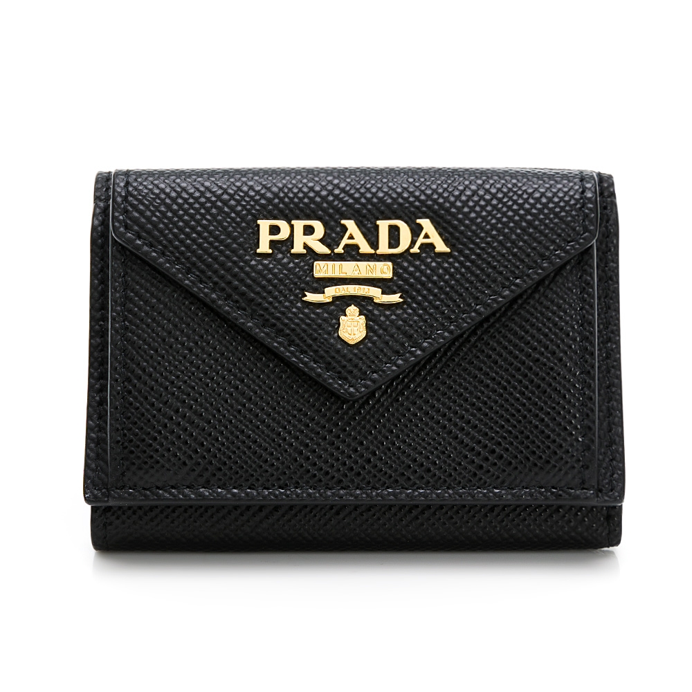 【PRADA 普拉達】經典 金字LOGO外十字紋內平滑信封型三折短夾 (黑1MH021)