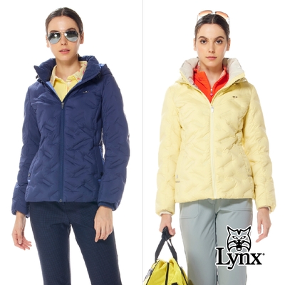 【Lynx Golf】女款保暖羽絨壓紋設計雙層領設計雙色拉鍊口袋長袖可拆式連帽外套(二色)
