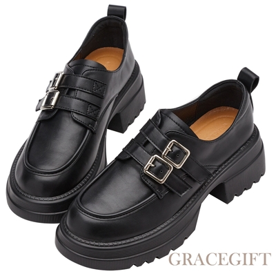【Grace Gift】復古圓頭雙釦帶厚底樂福鞋 黑