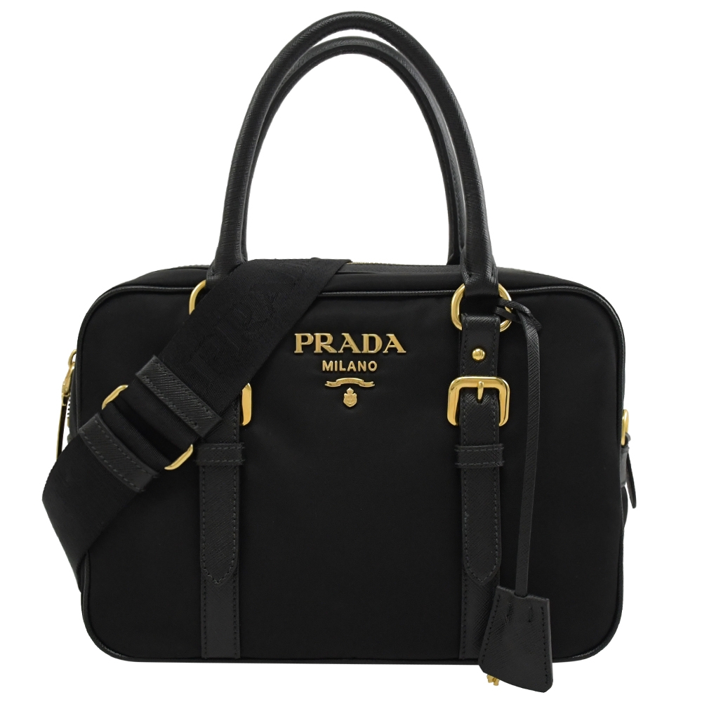 PRADA 金屬浮雕LOGO寬背帶輕量尼龍雙層兩用手提包(黑-附鎖組)