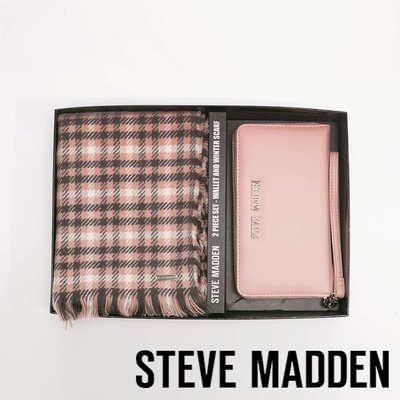 STEVE MADDEN-格紋圍巾 皮革中夾二合一禮盒-BABY粉