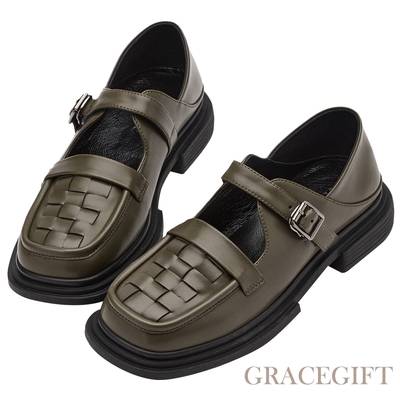 【Grace Gift】逸歡聯名-花樣少女編織瑪莉珍樂福鞋 墨綠