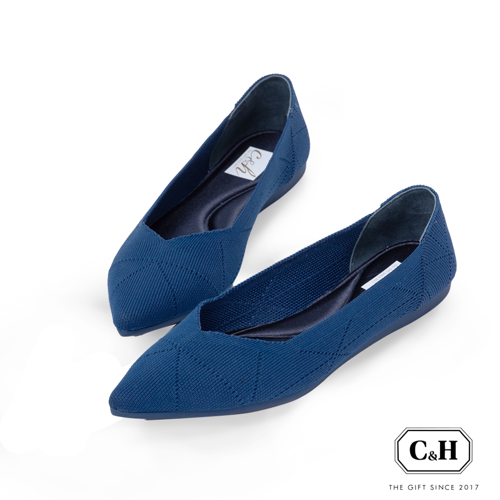 C&H  韓風百搭首選舒適飛織尖頭平底跟鞋-時尚藍