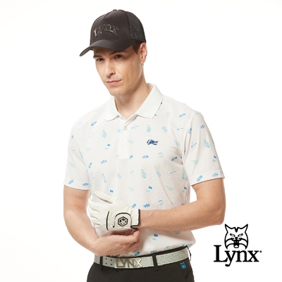 【Lynx Golf】男款吸濕排汗機能網眼材質高爾夫圖樣Lynx草寫繡花短袖POLO衫/高爾夫球衫-白色