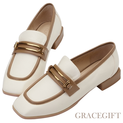 【Grace Gift】逸歡聯名-英倫金屬方頭低跟樂福鞋 卡其