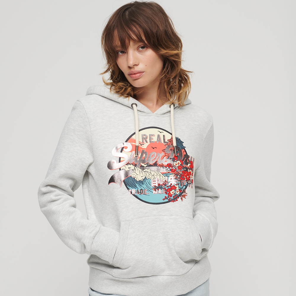 SUPERDRY 女裝 帽T 連帽套頭衫 長袖 Japanese VL Hoodie 綠藍/灰白