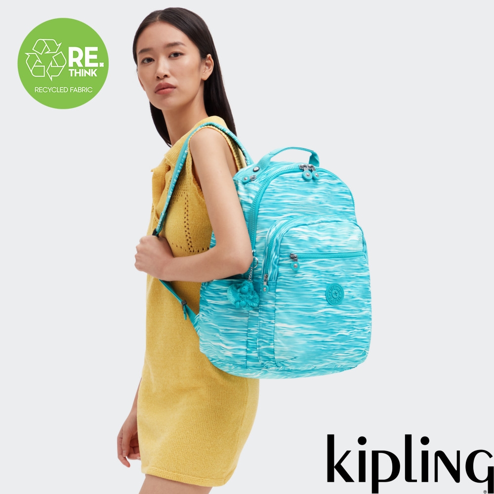 『首爾包』Kipling (網路獨家款) 湖水綠水波紋印花機能手提後背包-SEOUL